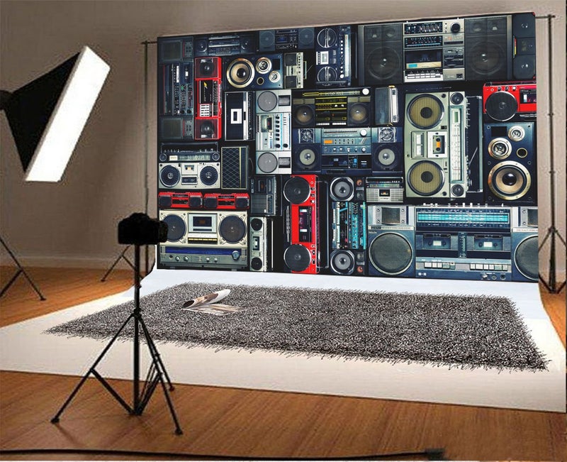 AOFOTO 7x5ft Vintage Wall of Radio Boombox Backdrop Retro 80s Style Photography Background Nostalgic Old-Fashioned Amplifier Music Antique Audio Bass Loudspeaker Photo Studio Props Vinyl Wallpaper - Image 2